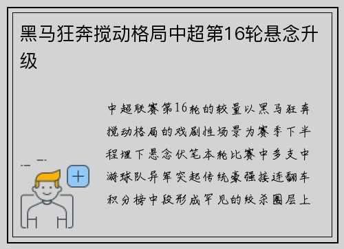 黑马狂奔搅动格局中超第16轮悬念升级