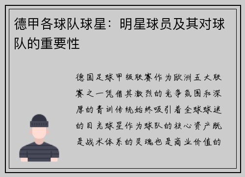 德甲各球队球星：明星球员及其对球队的重要性